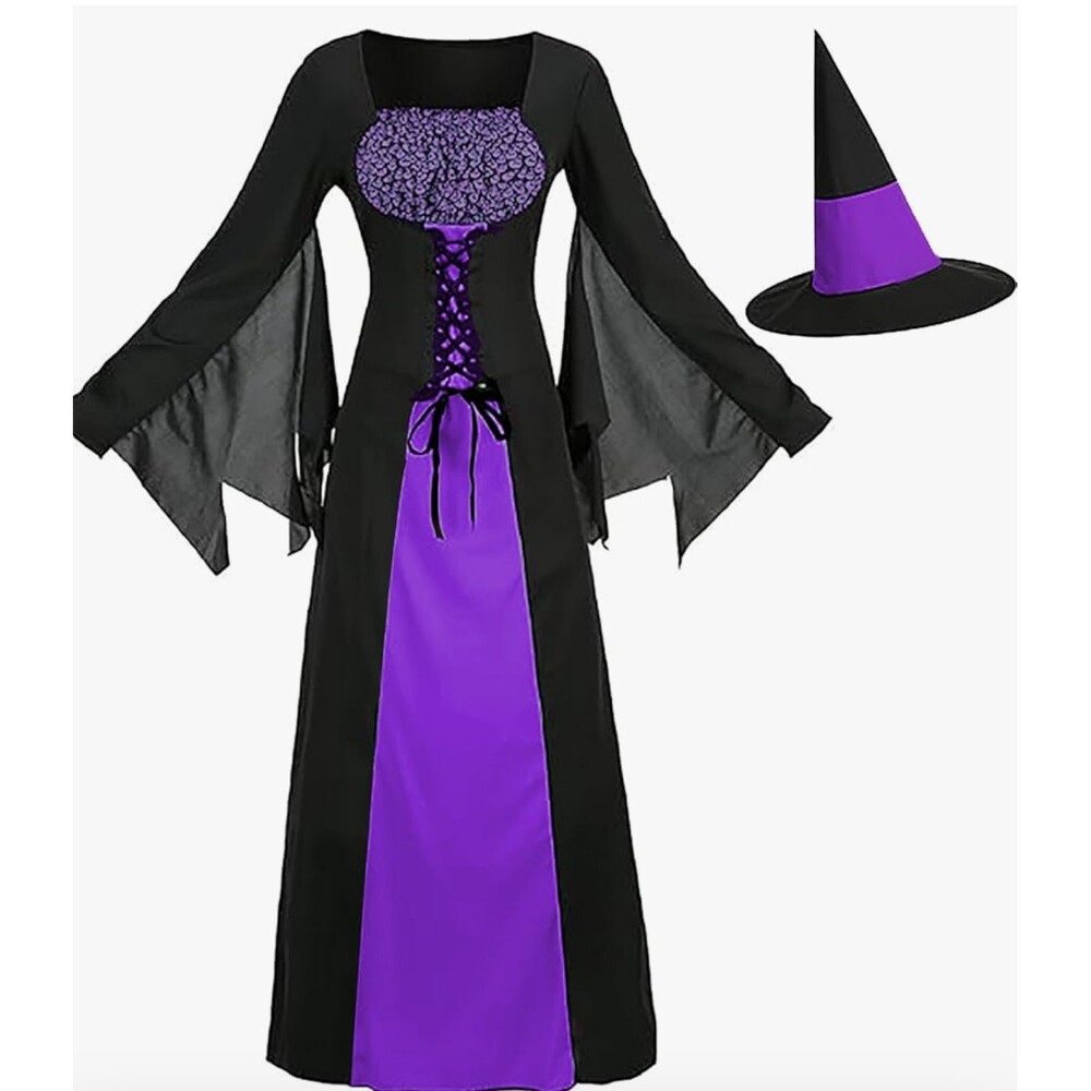 New Wishu Purple/Black Long Witch Dress & Hat Cosplay Costume Halloween Small